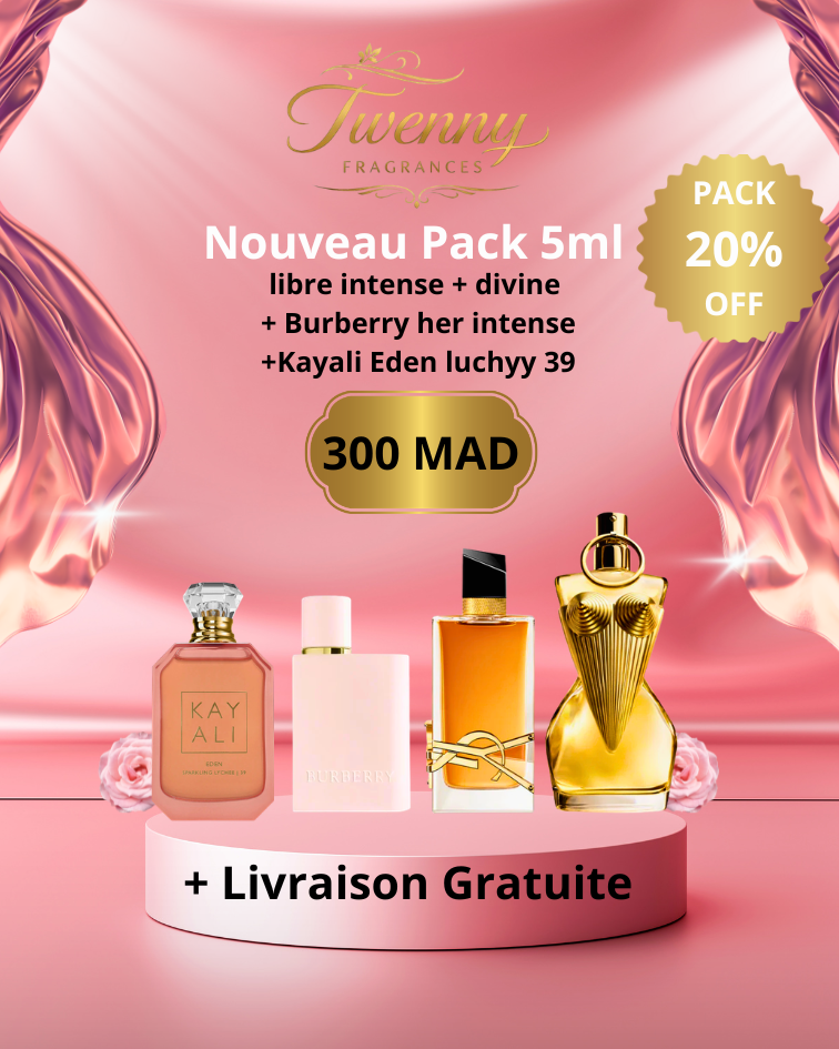 Pack 5ml : Kayali Eden Lychee 39 + Burberry her Intense + Libre Intense + Divine
